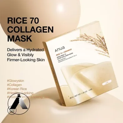 ماسک ورقه‌ای حاوی 70% آب برنج و کلاژن آنوا